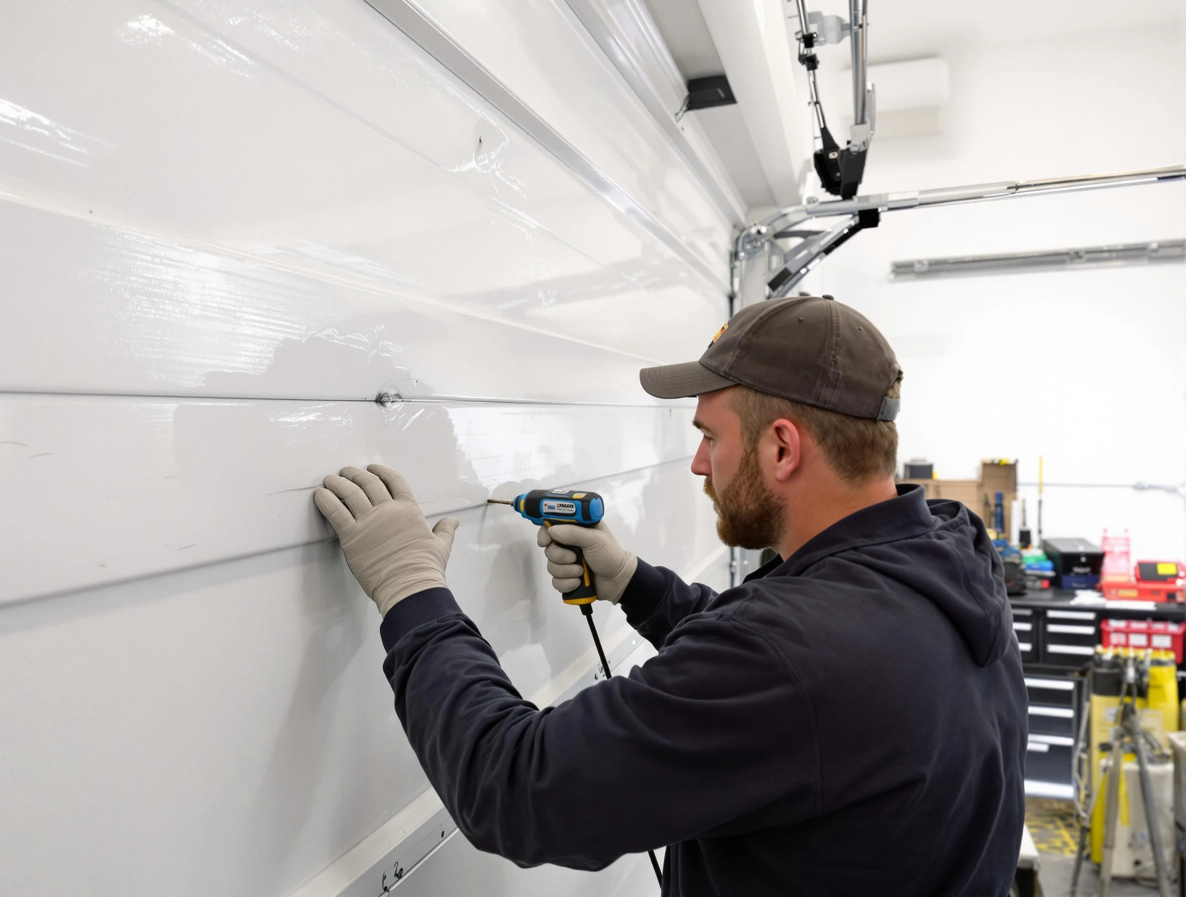 Derby Garage Door Repair technician demonstrating precision dent removal techniques on a Derby garage door